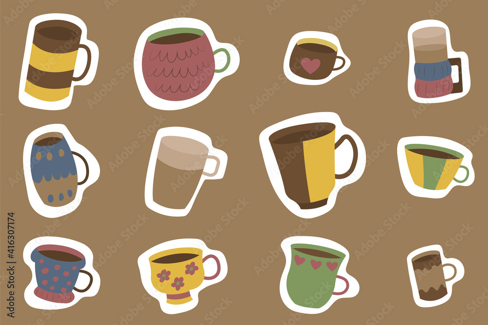 Large set of mugs and cups for tea or coffee. Vector illustration in the style of hand draw and boho. Cute cozy stickers and cliparts for coffee shop. Coffee time. Tea party. Children's drawing. Large set of mugs and cups for tea or coffee. Vector illustration in the style of hand draw and boho. Cute cozy stickers and cliparts for coffee shop. Coffee time. Tea party. Children's drawing.