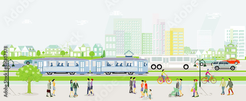 Stadtsilhouette mit Straßenbahn, Autos und Bus mit Menschen auf dem Bürgersteig, illustration