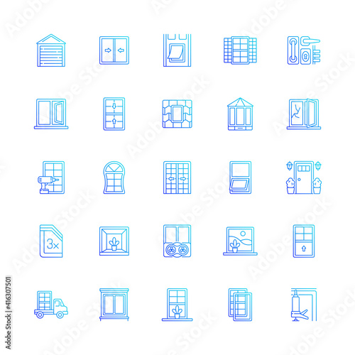 Window and door installation service RGB color icons set. Increasing energy efficiency. Maximum natural light. Thin line contour symbols bundle. Isolated vector outline illustrations collection