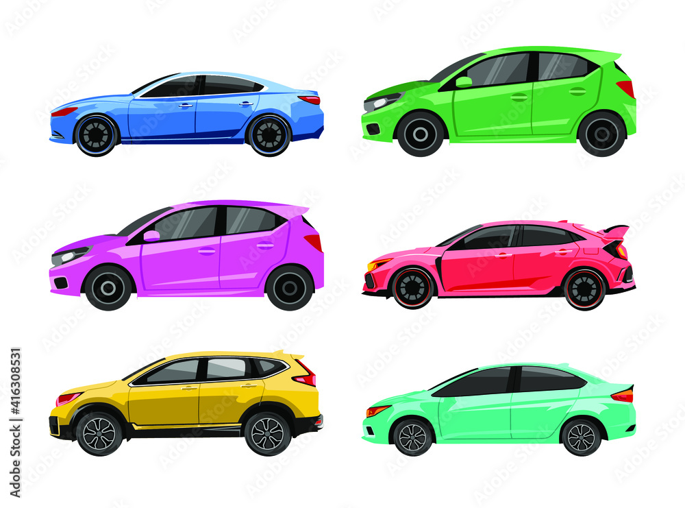 Insulated car set in different colors. business cars, vintage cars, for travel, icons for graphic design, moving animation video design, and the web
