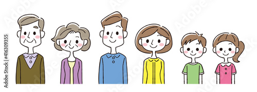 笑顔の6人家族の人物セット線画