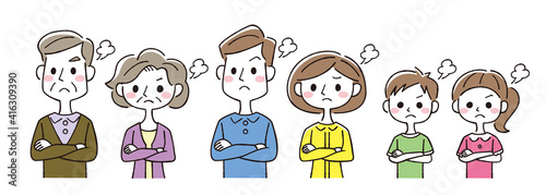 怒った6人家族の人物セット線画