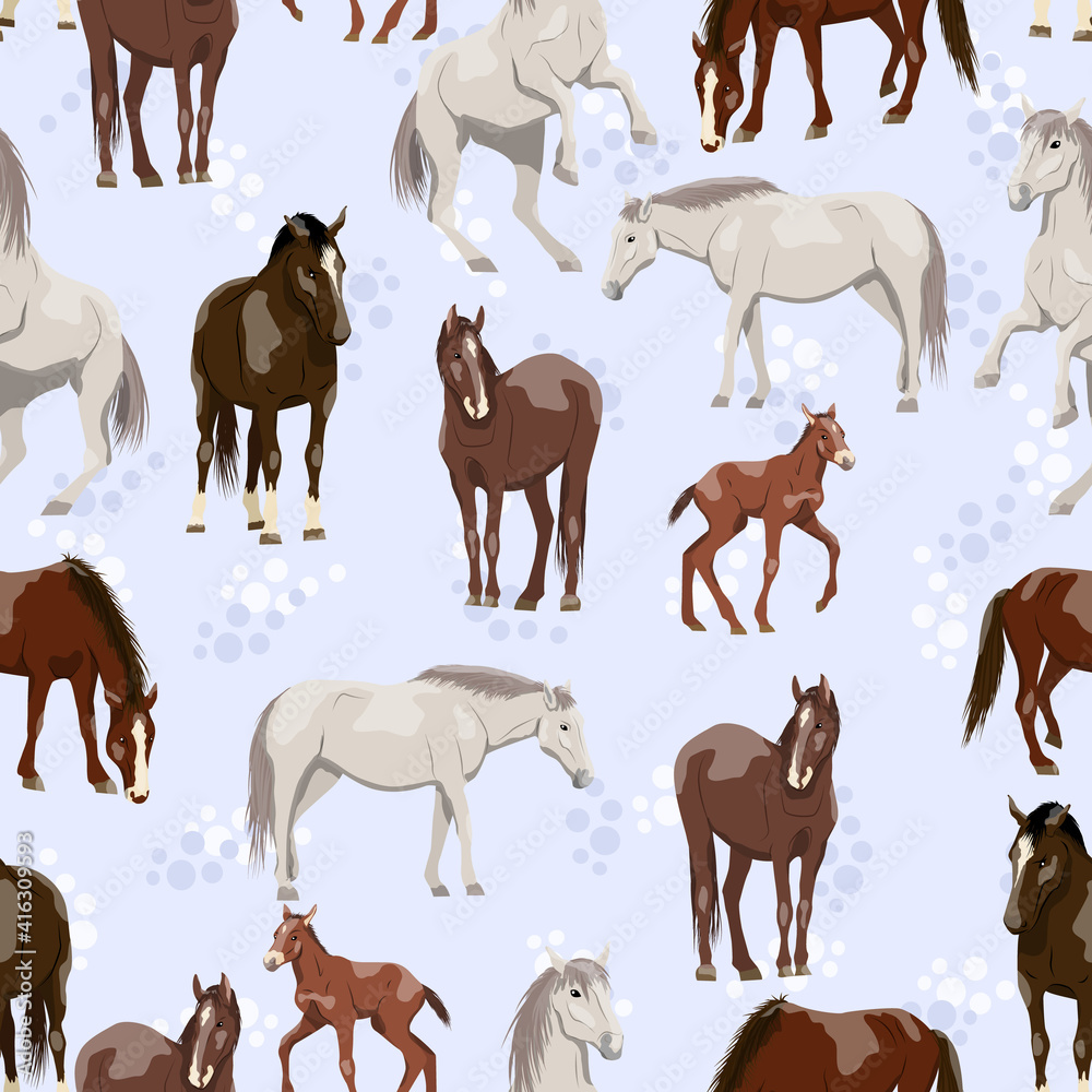 Obraz premium Seamless pattern with horses and foals. Equus ferus caballus females, males and foals on a golden background. Domestic and wild vector animals background