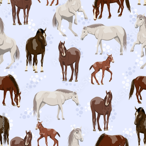 Seamless pattern with horses and foals. Equus ferus caballus females, males and foals on a golden background. Domestic and wild vector animals background