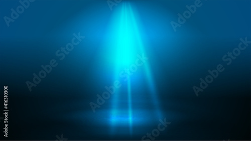 Blue and dark digital neon room with copy space in dark room. Futuristic background of blue empty stage and neon lighting of spotlights