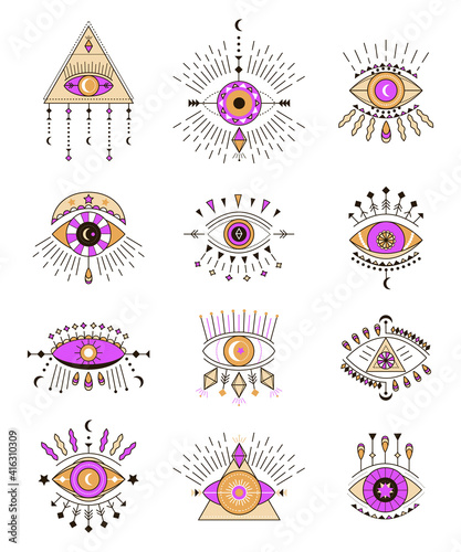Evil eye icon vector set. Eye of providence and esoteric symbols. Magic signs for tarot cards. Witchcraft talisman, alchemy and magic tattoo illustration in line style.