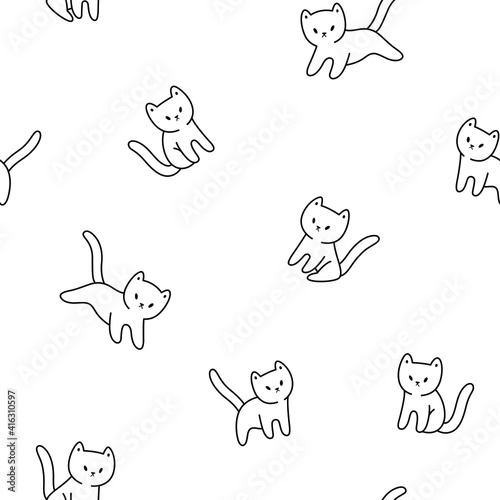 Cute cartoon cat character. Seamless pattern and background. Vector design print.