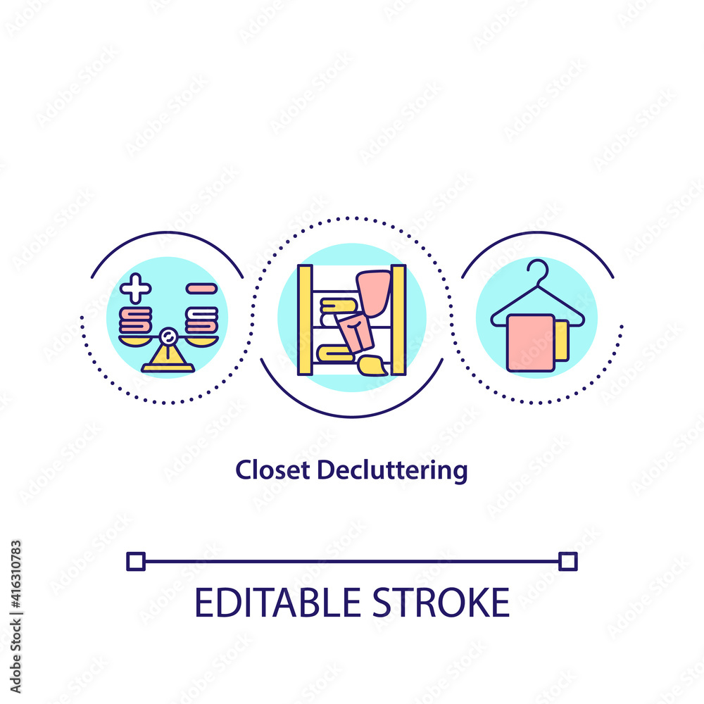 Closet decluttering concept icon. Quickly sort into seperate piles. Organize clothes seasonaly. Cleaning idea thin line illustration. Vector isolated outline RGB color drawing. Editable stroke