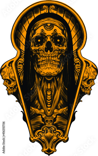 skull yellow psychedelic sketch tattoo print vector illustration