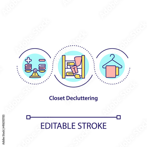 Closet decluttering concept icon. Quickly sort into seperate piles. Organize clothes seasonaly. Cleaning idea thin line illustration. Vector isolated outline RGB color drawing. Editable stroke
