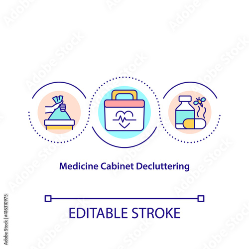 Medicine cabinet decluttering concept icon. Combine any duplicate items. Prioritize shelf space. Purge idea thin line illustration. Vector isolated outline RGB color drawing. Editable stroke