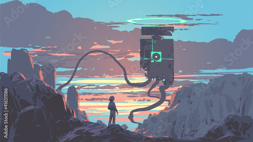 young man standing and looking at a giant sentinel robot, vector illustration