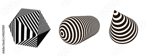Cone cylinder set, icosahedron. Geometric vector 3d shapes isolated on white background. EPS 10.