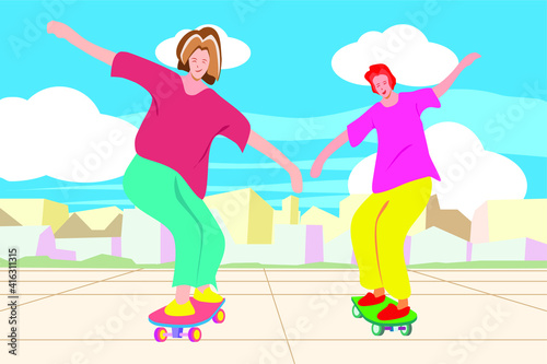 Two people play surf skate on the street in the city with blue sky background, flat art illustraion. 