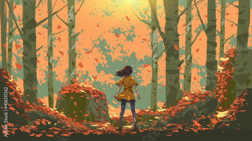 young girl standing in the autumn forest, vector illustration 