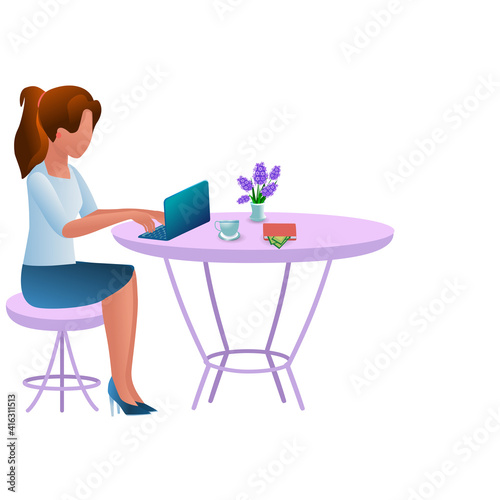 Office worker in a cafe at work. During the lunch break, the character sits at a laptop. Online work, training. Communication via the Internet, job search. Freelancer. Free schedule. Cartoon style
