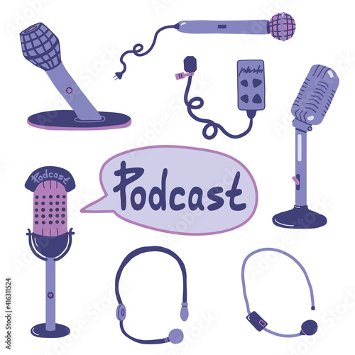 Vector graphics of a set of microphones isolated on a white background. Radio microphone, head microphone, lavalier microphone, broadcast microphone hand drawn in flat style illustration.