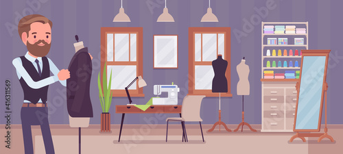 Small scale business-owner, privately owned tailor shop. Young man, successful entrepreneur, individual start up project of clothing making and garments sewing. Vector flat style cartoon illustration