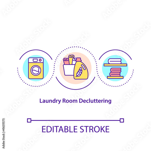 Laundry room decluttering concept icon. Free space near washing machines. Keep rooms clean and tidy. Mess idea thin line illustration. Vector isolated outline RGB color drawing. Editable stroke