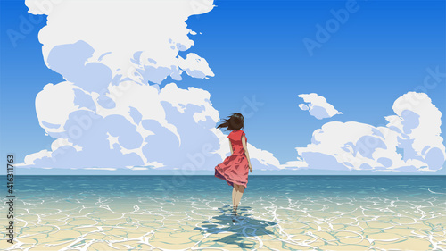 Photo woman standing on the sea looking at the summer sky, vector illustration