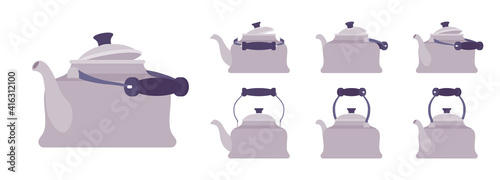 Tea retro kettle set, teapot in classic grey design. Household appliance with lid, spout, handle for boiling water. Vector flat style cartoon illustration isolated on white background, different view