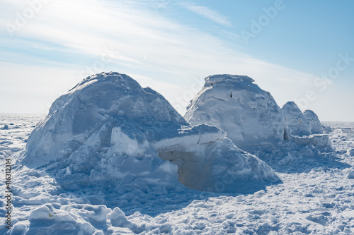 Winter dwelling of Eskimos. Igloo. Eskimos village.