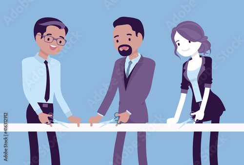 Ribbon cutting ceremony for business people. Grand opening special event, official start of brand-new project or show, presentation and promotion. Vector creative stylized illustration