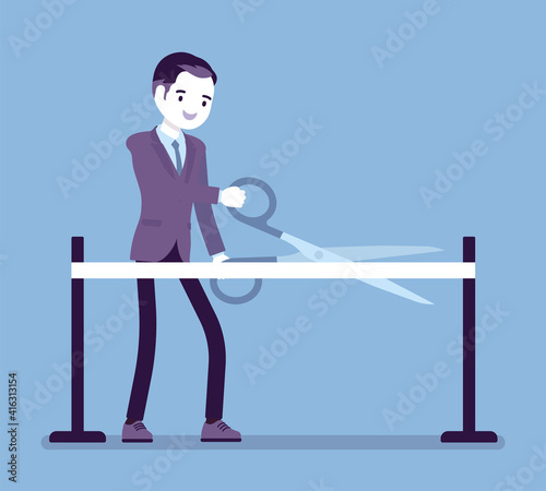Ribbon cutting ceremony with giant scissors by young businessman. Man starting business, launching new products, project opening event or commercial promotion. Vector creative stylized illustration