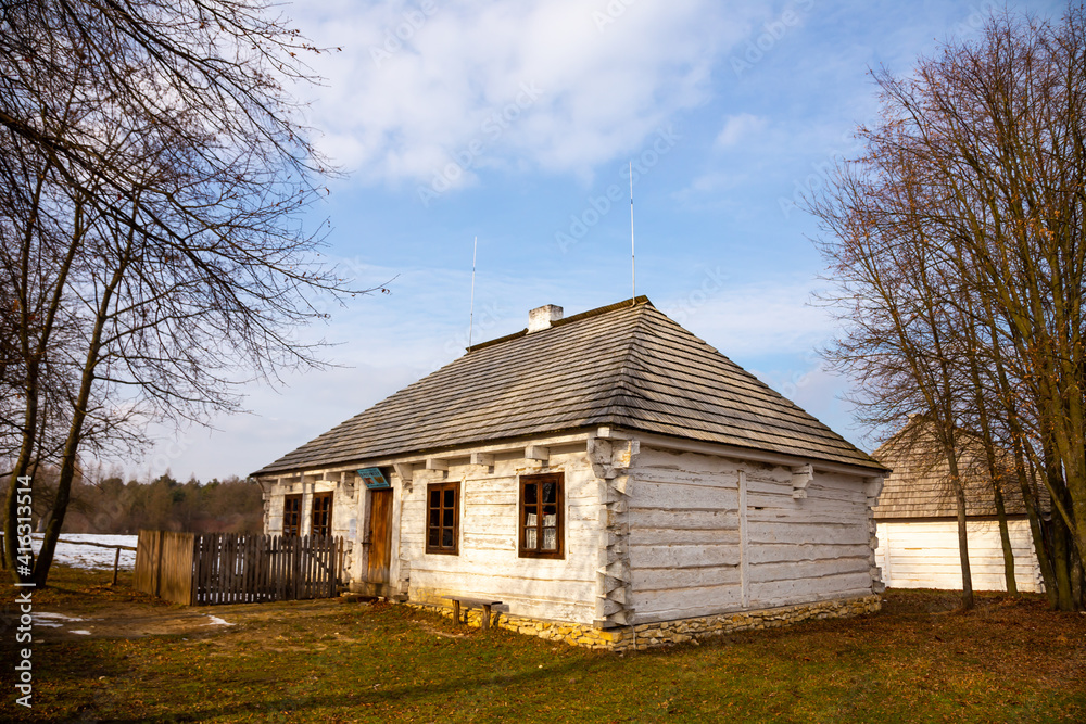 Old wooden building in a rural open-air museum. Taken in the middle of the day, natural, soft light