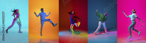 Collage of portraits of young emotional people on multicolored background in neon. Concept of human emotions, facial expression, sales. Listen to music with headphones, dancing. Flyer for ad, offer