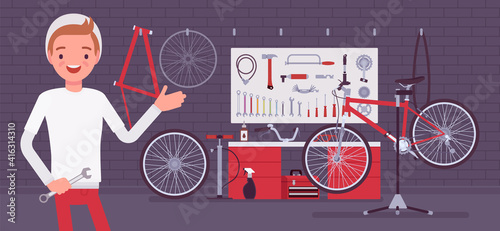 Small scale business-owner, privately owned bicycle workshop. Young man, successful entrepreneur, individual start up project bike care, components, accessories. Vector flat style cartoon illustration