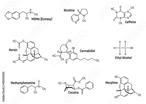 Set of concept 9 narcotic chemical formula icon label, text font vector illustration, isolated on white. Periodic element table, addictive drug.