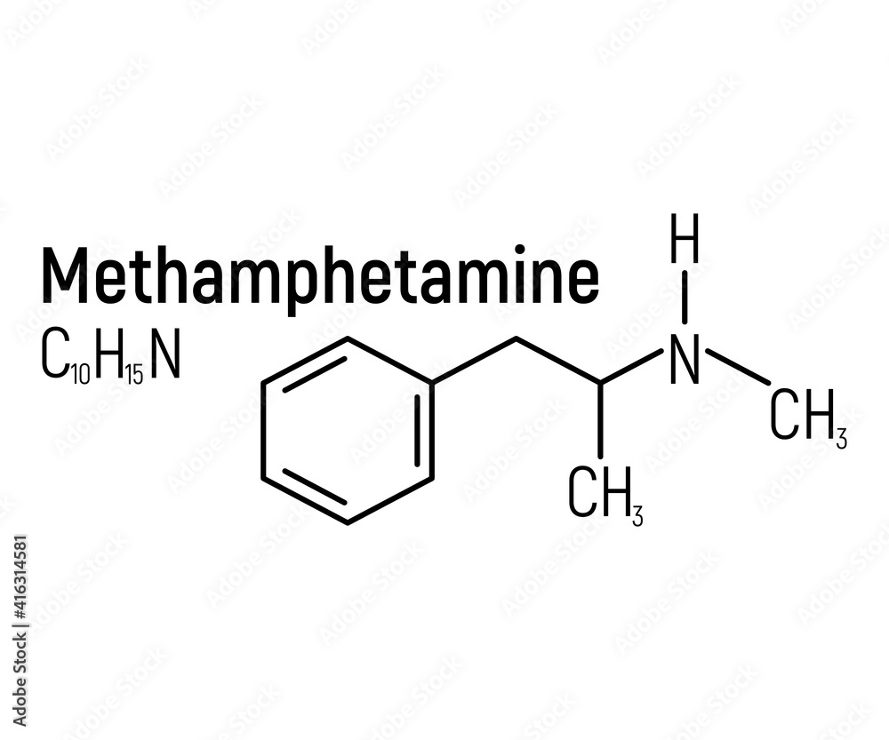 Methamphetamine concept chemical formula icon label, text font vector illustration, isolated on white. Periodic element table, addictive drug.