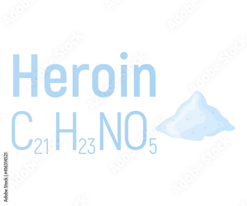Heroin concept chemical formula icon label, text font vector illustration, isolated on white. Periodic element table, addictive drug.