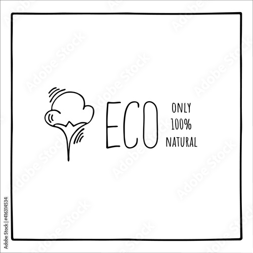 Cotton logos, badges, badges. 100% natural, eco-friendly. Eco product design. Zero waste. Doodle vector illustration