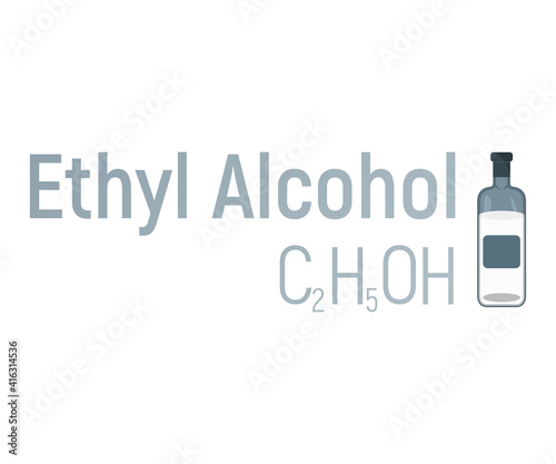 Ethyl spirit alcohol concept chemical formula icon label, text font vector illustration, isolated on white. Periodic element table, addictive drug.