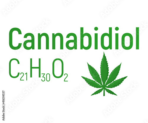 Cannabidiol concept chemical formula icon label, text font vector illustration, isolated on white. Periodic element table, addictive drug cannabis.