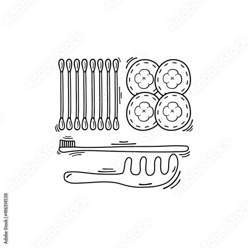 A set of non-waste reusable hygiene items. Cotton swabs, discs, toothbrush, comb. Wooden, bamboo. Collection of various eco friendly care items isolated. Vector doodle illustration