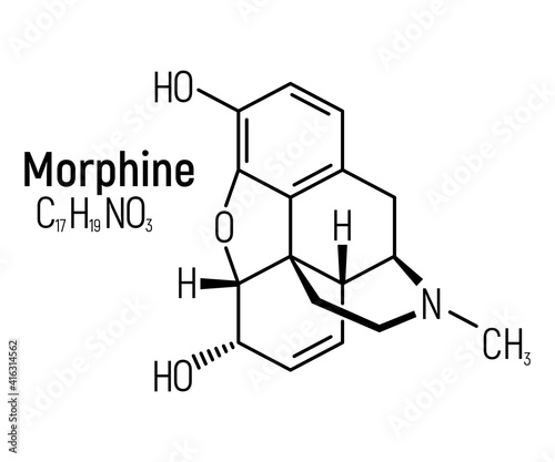 Morphine concept chemical formula icon label, text font vector illustration, isolated on white. Periodic element table, addictive drug.