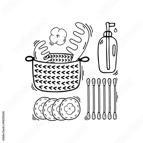 A set of eco-friendly wooden combs in a wicker basket made from natural vine. Cotton swabs, discs, dispenser with liquid soap. No waste, reusable, safe. Vector doodle, sketch illustration