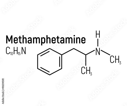 Methamphetamine concept chemical formula icon label, text font vector illustration, isolated on white. Periodic element table, addictive drug.