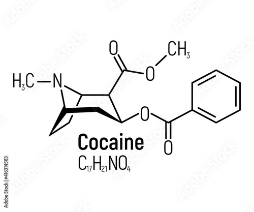 Cocaine concept chemical formula icon label, text font vector illustration, isolated on white. Periodic element table, addictive drug.