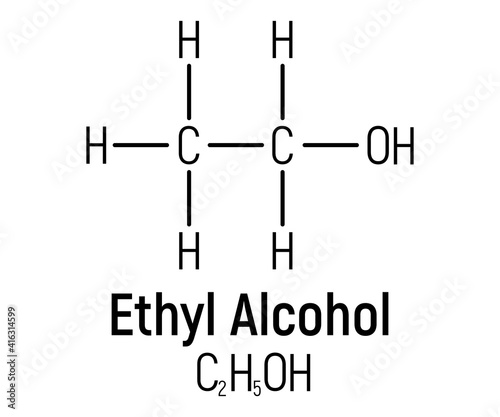 Ethyl spirit alcohol concept chemical formula icon label, text font vector illustration, isolated on white. Periodic element table, addictive drug.