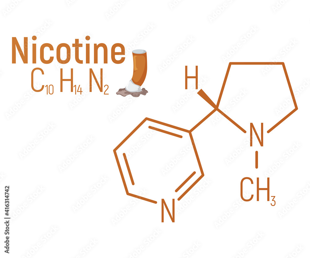 Nicotine concept chemical formula icon label, text font vector illustration, isolated on white. Periodic element table, addictive drug. Nicotine concept chemical formula icon label, text font vector illustration, isolated on white. Periodic element table, addictive drug.