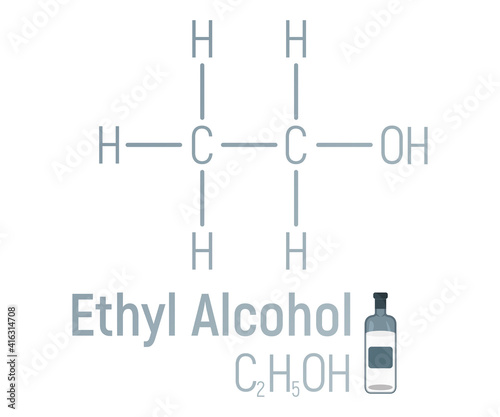 Ethyl spirit alcohol concept chemical formula icon label, text font vector illustration, isolated on white. Periodic element table, addictive drug.
