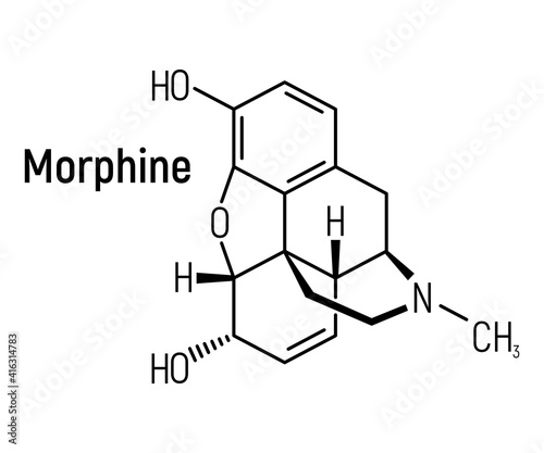 Morphine concept chemical formula icon label, text font vector illustration, isolated on white. Periodic element table, addictive drug.