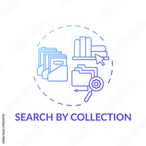 Search by collection concept icon. Online library catalogue optimization idea thin line illustration. New technology. Search options improvement. Vector isolated outline RGB color drawing