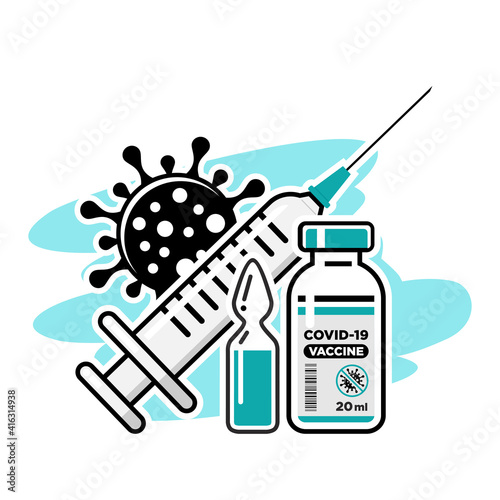 COVID-19 global vaccination concept. Medical syringe with needle, Vial and bottle with the drug against coronavirus. Vector isolated on white background