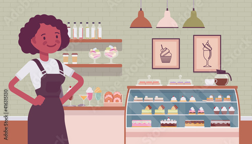 Small scale business-owner, privately owned confectionary store. Black woman, successful entrepreneur, individual start up project selling sweets, chocolates. Vector flat style cartoon illustration
