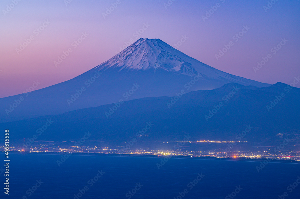 Mount Fuji and city view at sunset hour